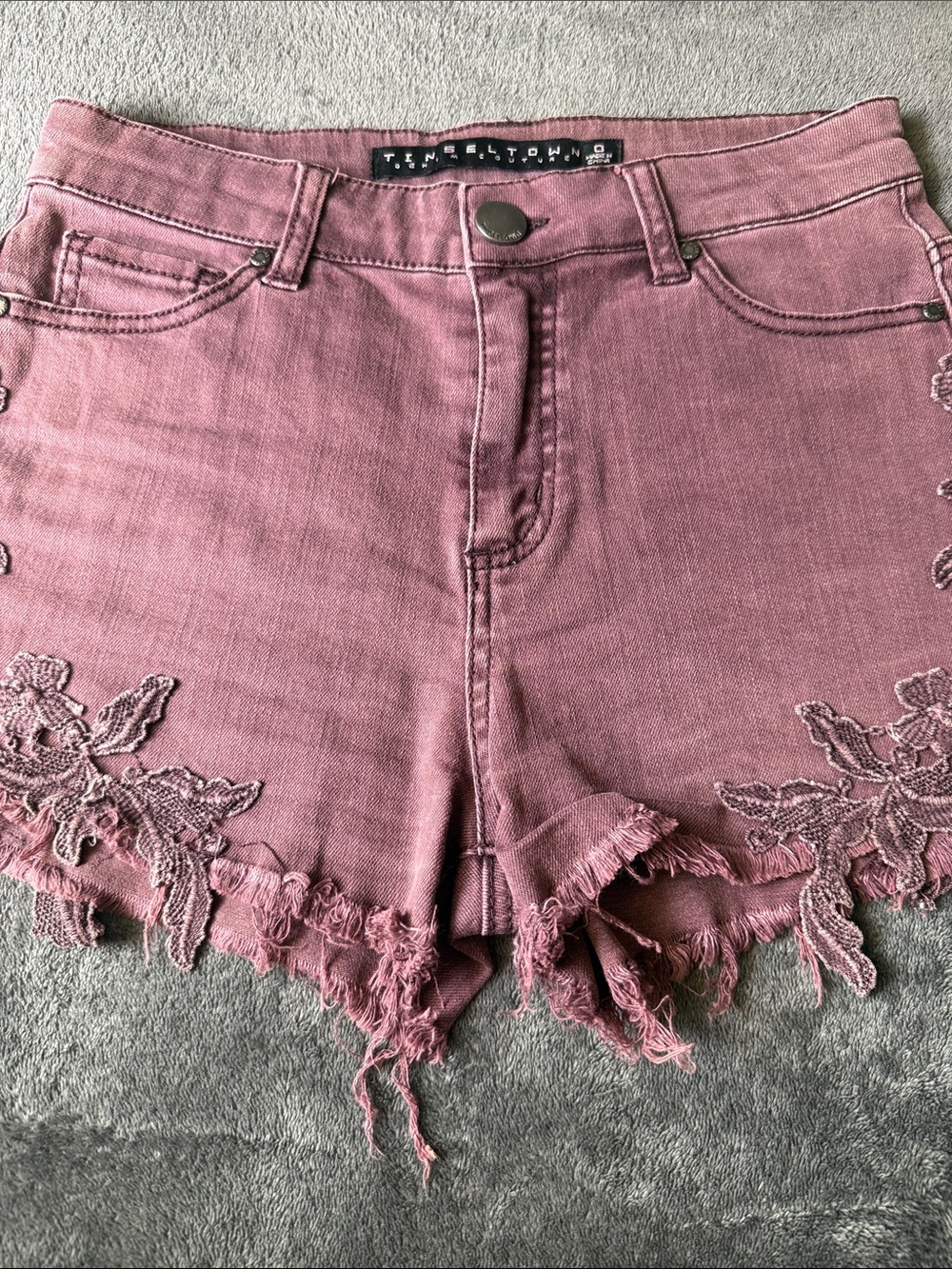 Tinseltown Dusty Plum Embroidered Frayed Denim Shorts